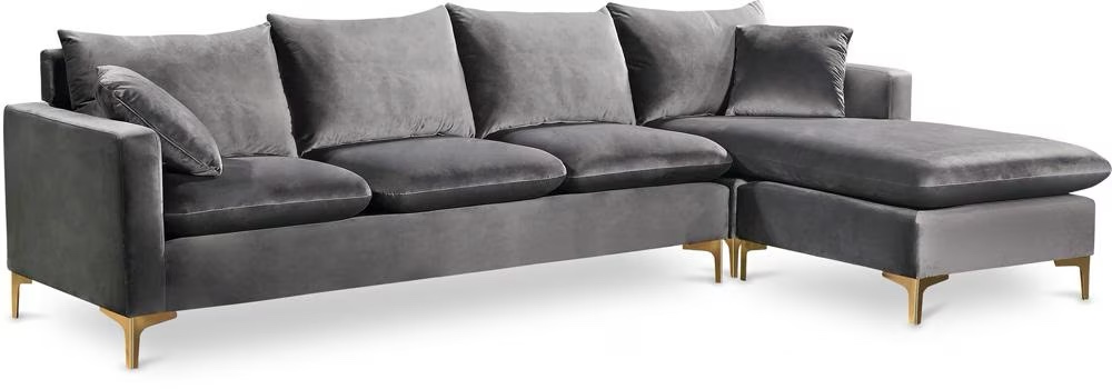 MERIDIAN FURNITURE - NAOMI GREY VELVET 2PC. REVERSIBLE SECTIONAL - 636GREY-SECTIONAL