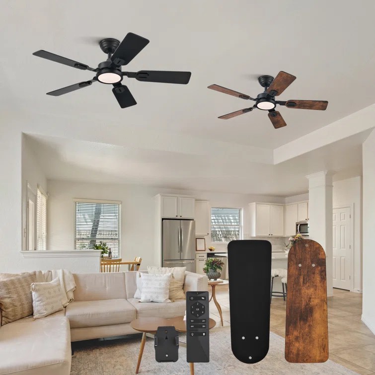 42" LED Ceiling Fan with Light and Remote Control Blade Finish: Matte Black/Brown Wood