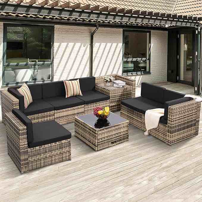 Outdoor Wicker Sectional Set With Cushions And Tempered Glass Table A Box
