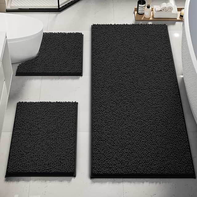 Upgrade Extra Large Black Bathroom Rug Set 3 Pieces Ultra Soft, Thick Absorbent Bath Mats, Non Slip Chenille Toilet Mat for Bathroom, Bedroom, Kitchen
