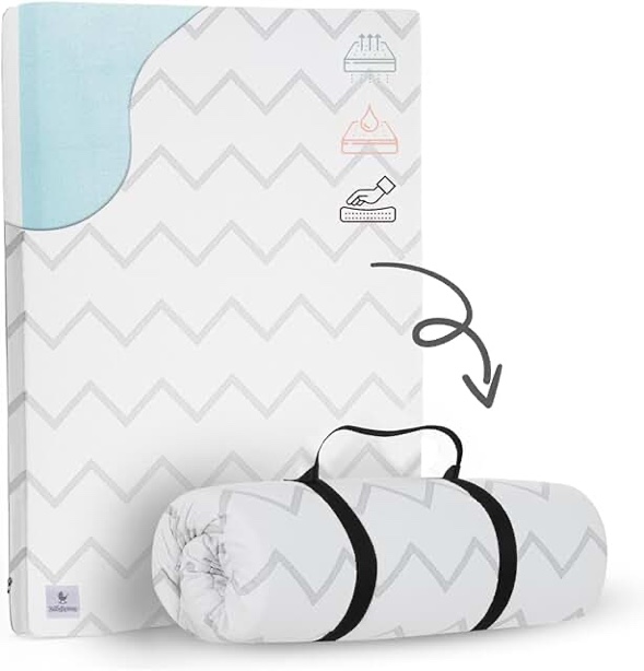 Waterproof Pack and Play Mattress Pad - 38" x 26" | Roll Up Style - Breathable Soft Memory Foam - Portable Mattress Topper- Baby Foam Mattress for Babies - Includes Easy Carry Buckle