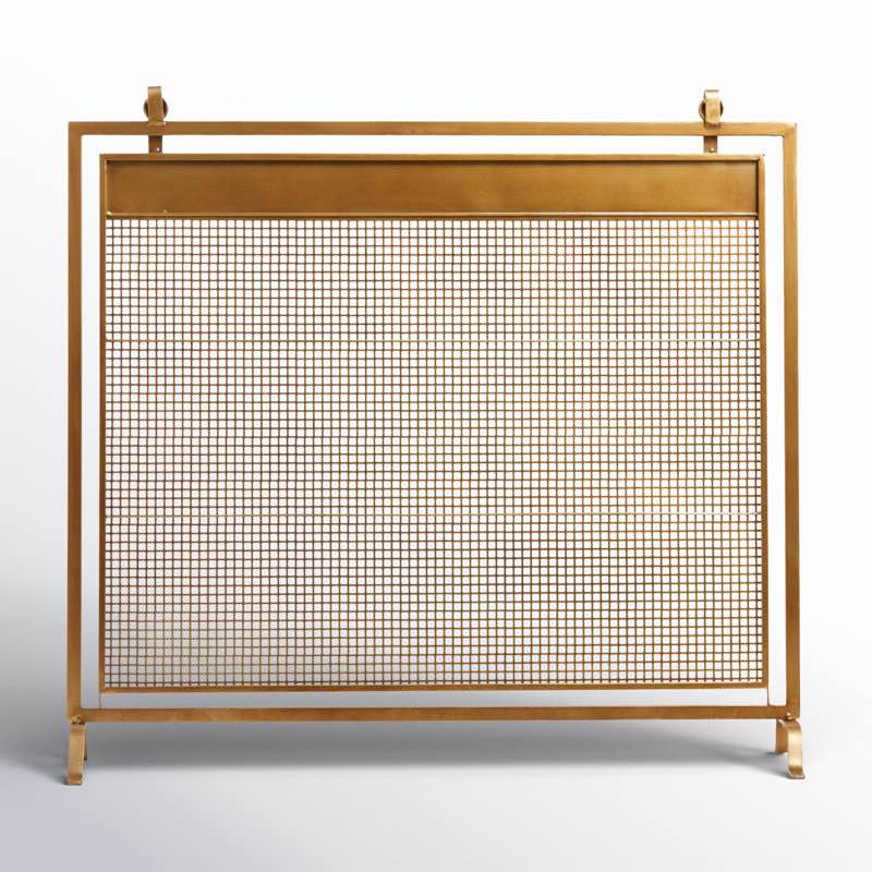 Metal Suspended Grid Single Panel Geometric Fireplace Screen with Bolted Detailing
