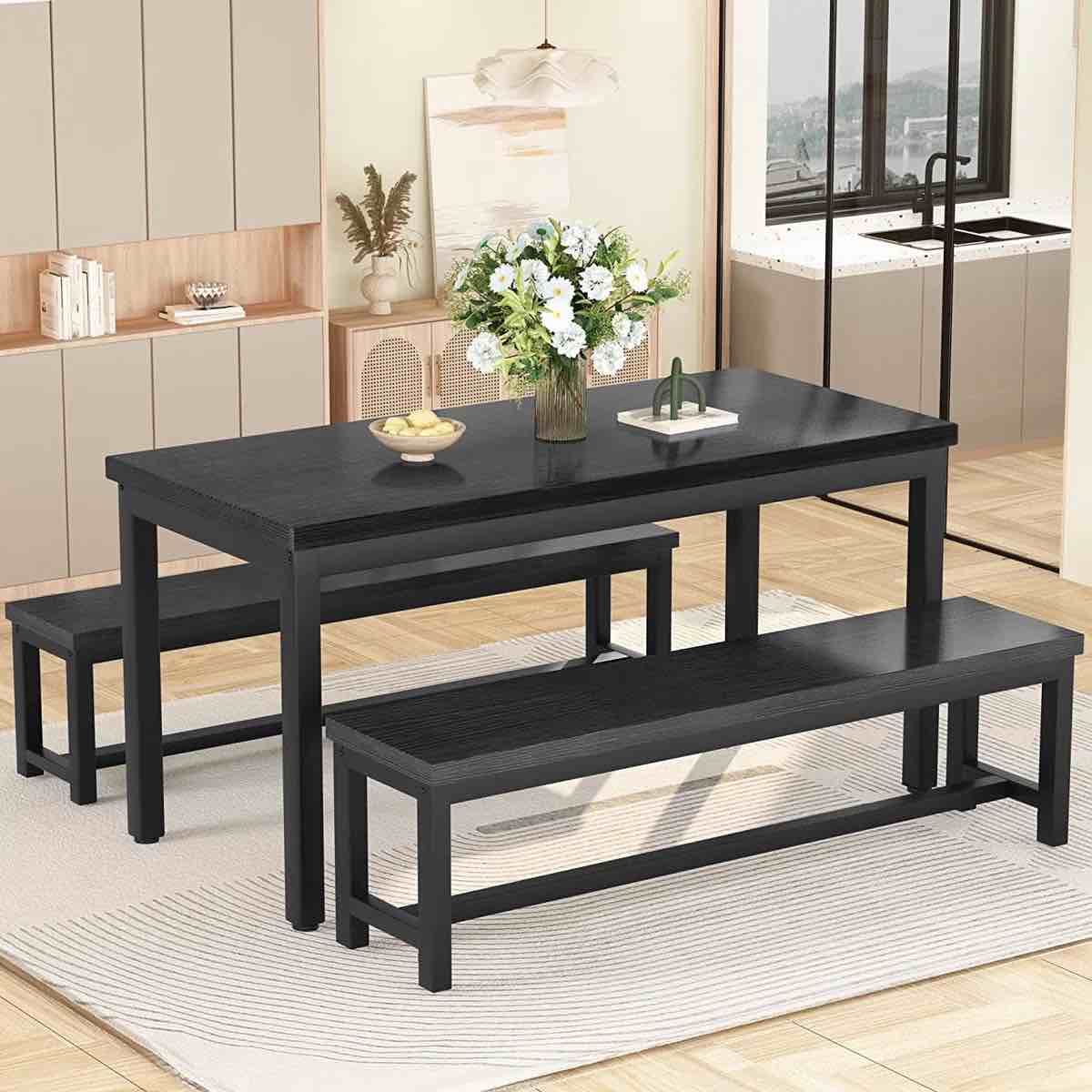 (INCOMPLETE) Efrat 3 Piece Dining Set, Kitchen Table With Benches