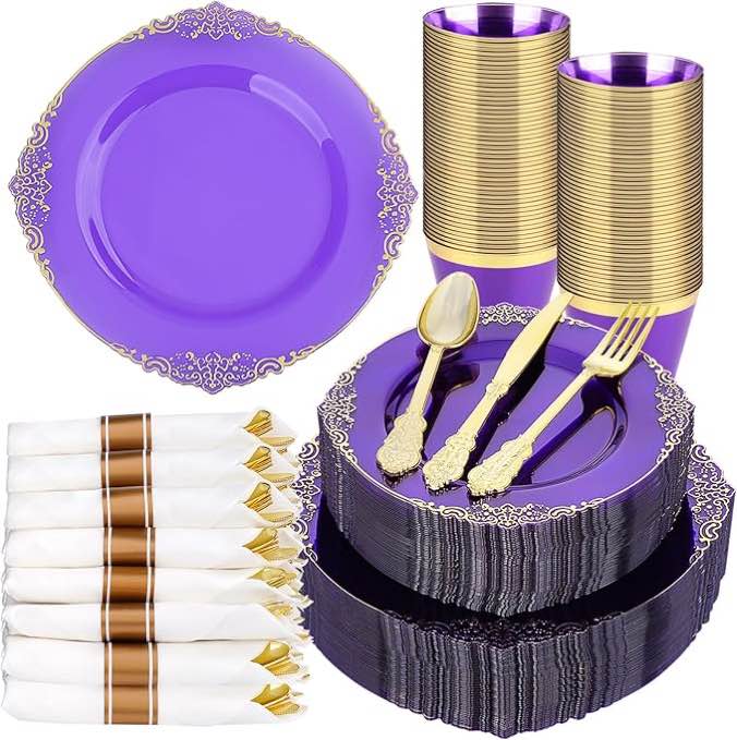 350 PCS Purple and Gold Plastic Dinnerware Set for 50 Guests,Disposable Elegant Plates with Gold Rim