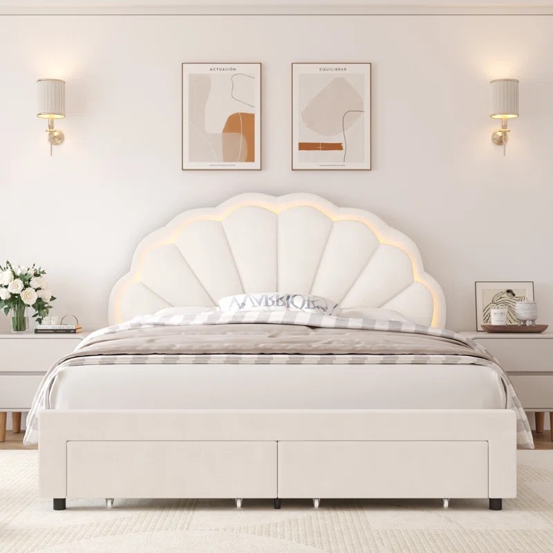 Burlyn Upholstered LED Bed Frame with Drawer & Adjustable Headboard (Twin)