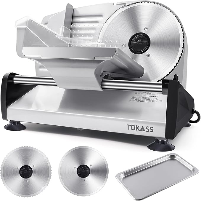 TOKASS Meat Slicer, 200W Electric Slicer For Home Use with 2pcs 7.5'' Stainless Steel Blades, Electric Deli food Slicer, Adjustable Thickness for Meat, Cheese, Bread, Easy Clean (200W-Bright Silver)