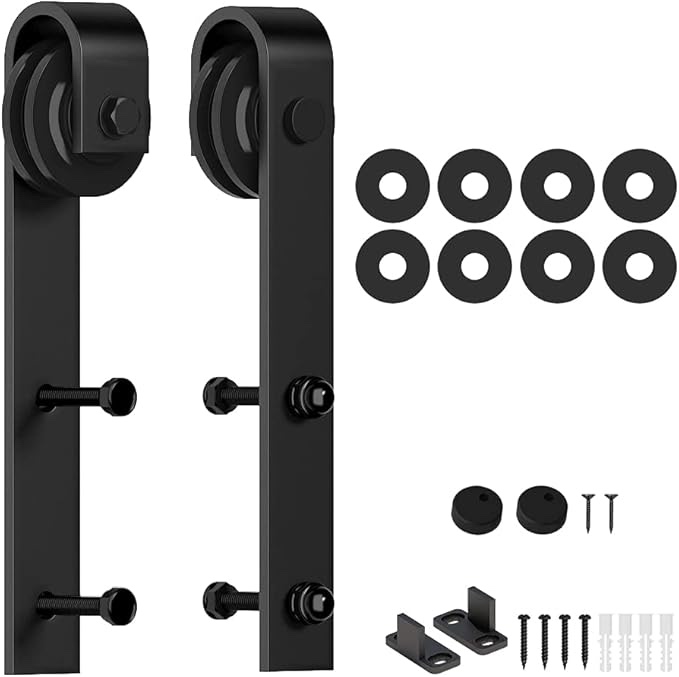 skysen Sliding Barn Door Hardware Roller Set Black (J Shape Hanger) Single