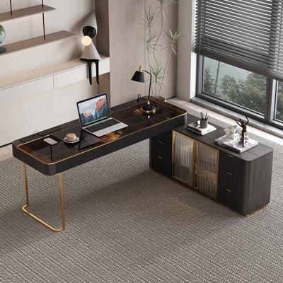 L-Shaped Executive Office Desk with Drawers and File Cabinet