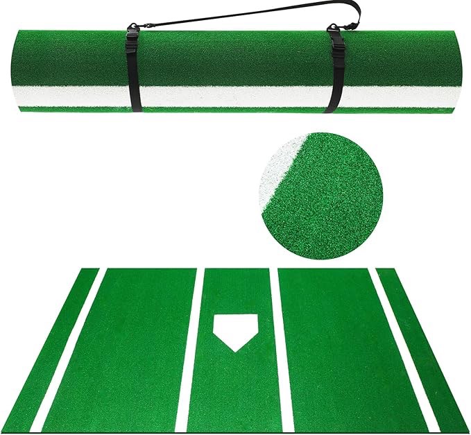 Meooeck Baseball Batting Mat Softball Hitting Mat Inlaid Home Plate Hitting Mat with Carry Strap Turf Mat for Cage Backyard Indoor Outdoor