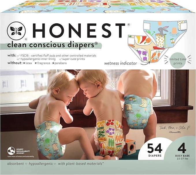 The Honest Company Clean Conscious Diapers for Sensitive Skin | Hypoallergenic, Fragrance Free | Spring '25 Limited Edition Prints | Club Box, Size 4 (22-37 lbs), 54 Count