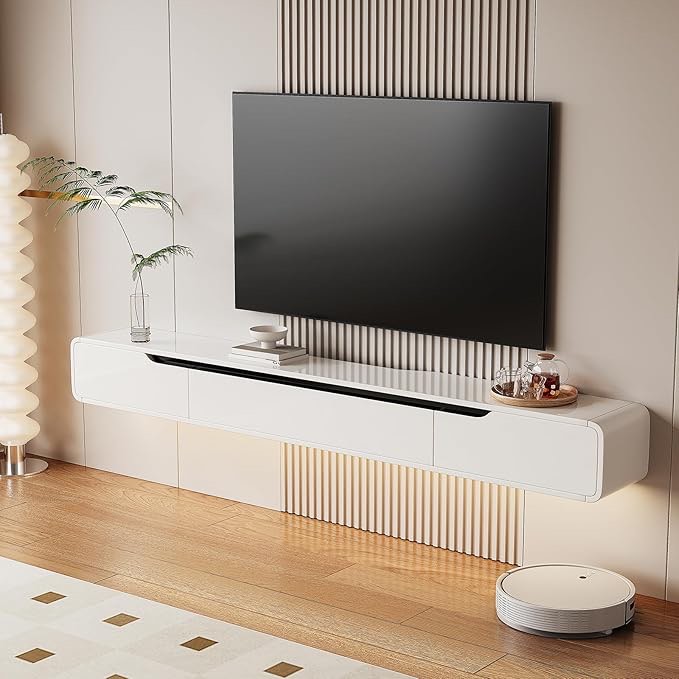 High Gloss Floating TV Stand with 3 Doors,47'' Wall Mounted TV Cabinet,Under TV Console,Floating Media Shelft for Bedroom Living Room(White)