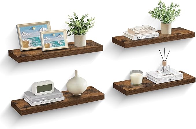 BAYKA Floating Shelves, Wall Mounted Rustic Wood Shelves for Bathroom, Bedroom, Living Room, Kitchen, Small Hanging Shelf for Books/Storage/Decor with 22lbs Capacity Rustic Brown, Set of 3, 22.5in