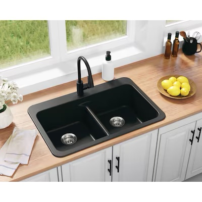 100+ bought last week allen + roth Kenji Dual-mount 33-in x 22-in Nero Granite Double Equal Bowl 3-Hole Retrofi