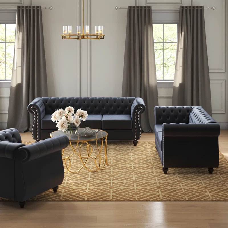 Angulo 3 Piece Velvet Living Room Set