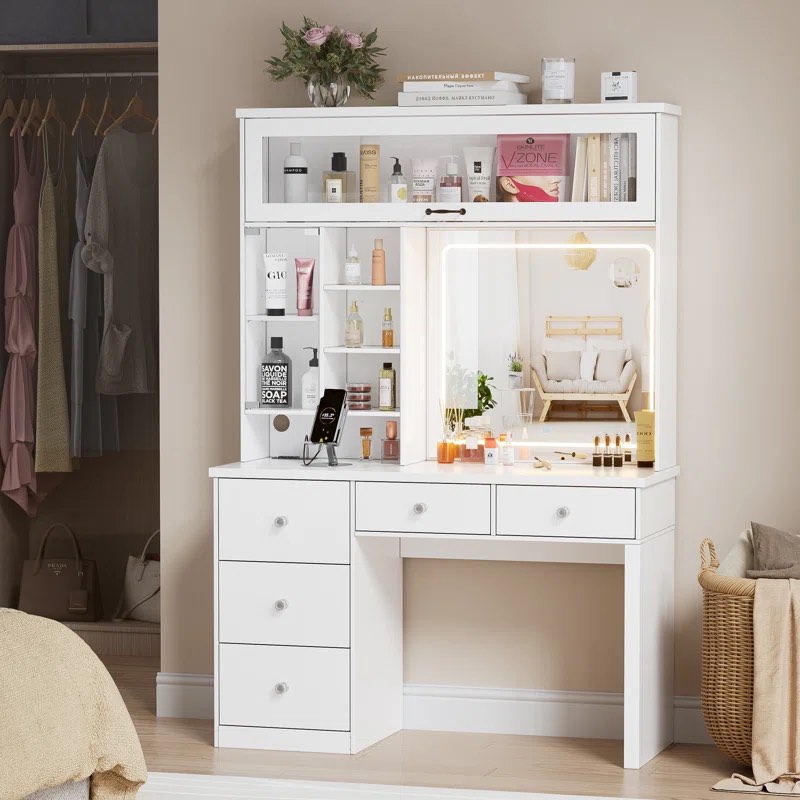 Makeup Vanity With Led Lighted Mirror, Vanity Desk With Charging Station, White Vanity With Large Shelves