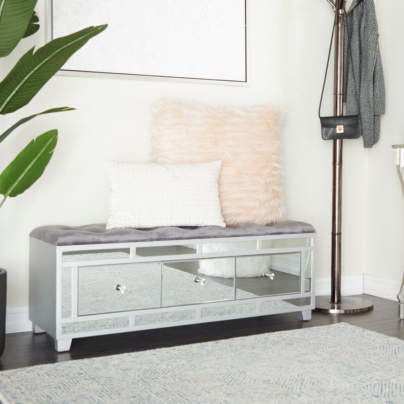 Wood Mirrored 3 Drawer Home Bench with Upholstered Seat