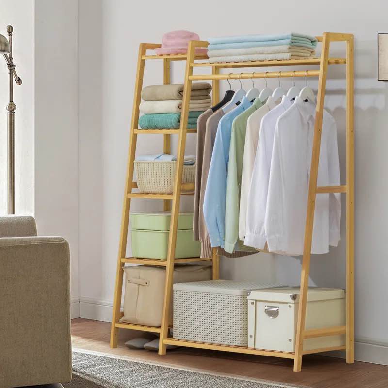 Lynnesha 5-Tier Bamboo Trapezoid Coat Rack Open Closet Wardrobe Clothing Organizer for Bedroom