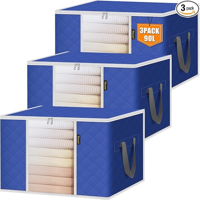 BALEINE 3-Pack Closet Storage Bags with Clear Window, Heavy-Duty Oxford Under Bed Storage for Comforters, Bedding, Clothing Storage with Reinforced Handles & Sturdy Zippers (Jumbo, Indigo Blue)