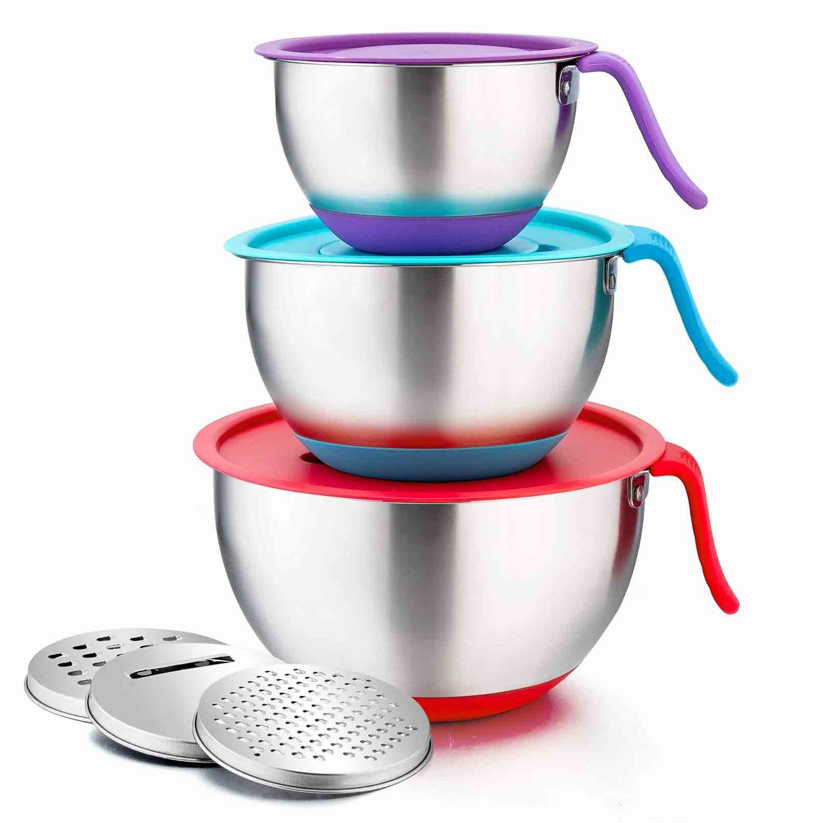 mixing bowls with lids set of 3, stainless steel metal bowl with pour spout & long handle & 3 grater attachments for mixing and prepping, 1.5/3/5 qt