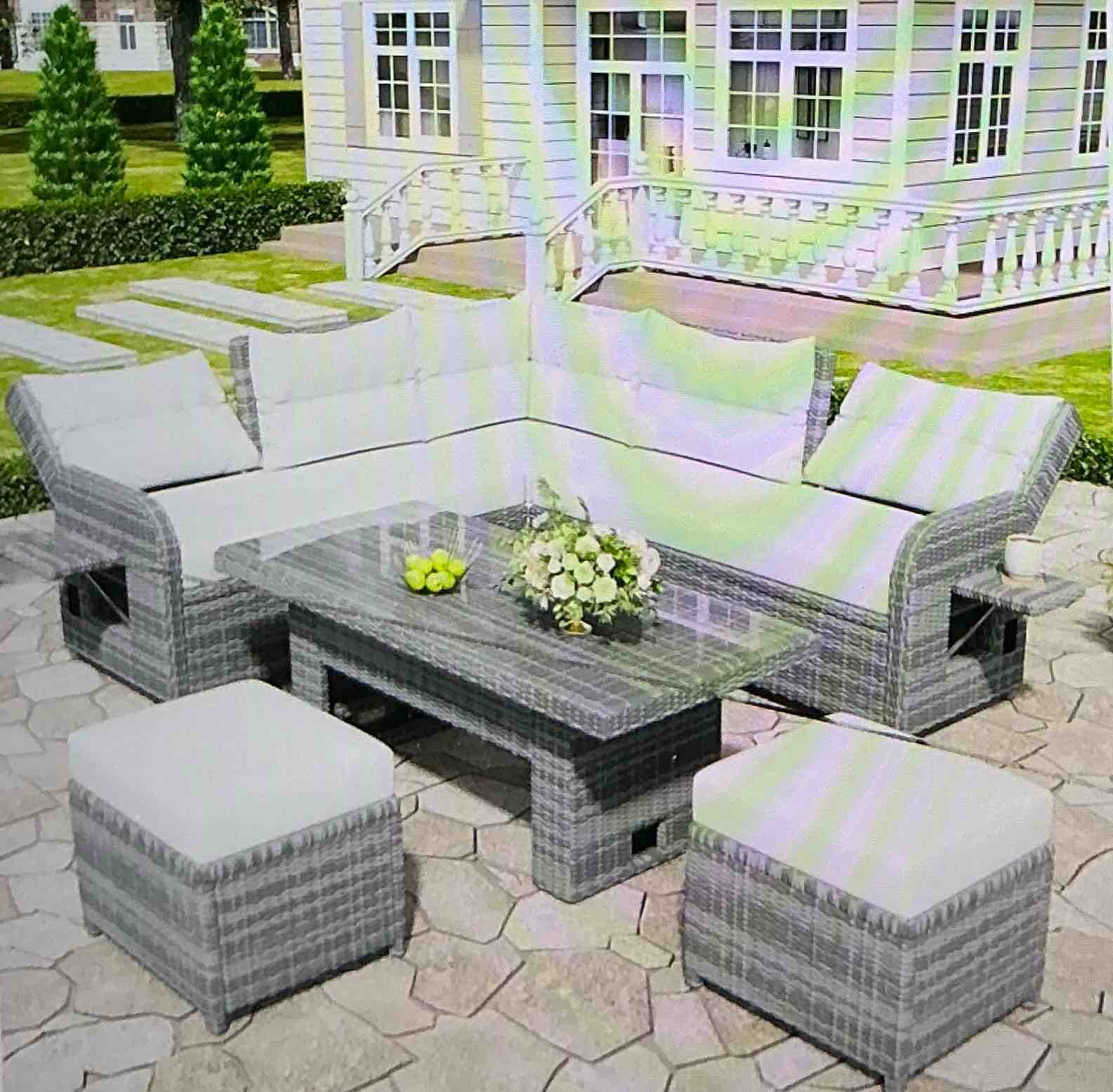 ( color different) ( incomplete) ( Box 4 of 5, 1 box for collection).  8-piece modular sofa set for outdoor, rattan modular sofa set with adjustable table, reclining with extendable side tables and 2 mobile ottomans, for patio, lawn, patio
