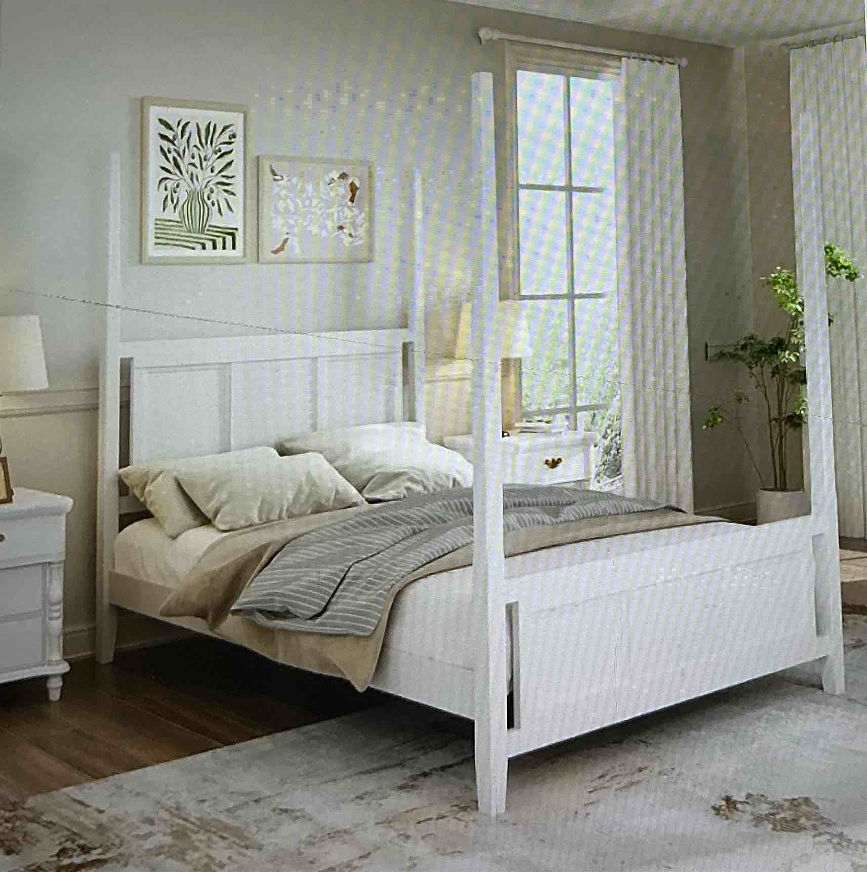 ( incomplete Does not include screws) Platform bed with 4 queen-sized posters with headboard and decorative strets, traditional solid wood bed base with resistant slat support for bedroom