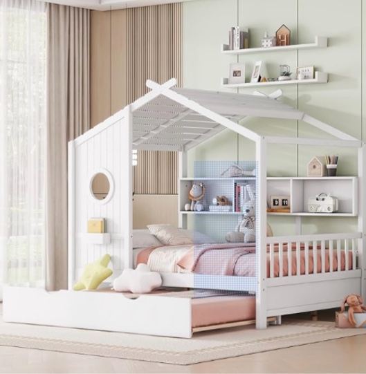 ( incomplete box 2 of 2 ) Linique Wooden Full Size House Bed with Trundle and Storage Shelf,Modern Design Full Platform Bed Frame with Pitched Roof,White