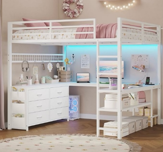 ( incomplete box 2 of 2 ) ( similar ) ( MEAS: 59.1 * 15.4* 5.5 INCH). ADORNEVE Loft Bed Full Size with U-Shaped Desk, 6 Storage Drawers, Power Outlet, LED Metal Loft Bed with 2 Storage Shelves, Bed with Safety Guardrail & Ladders,Space-Saving,White and gray 