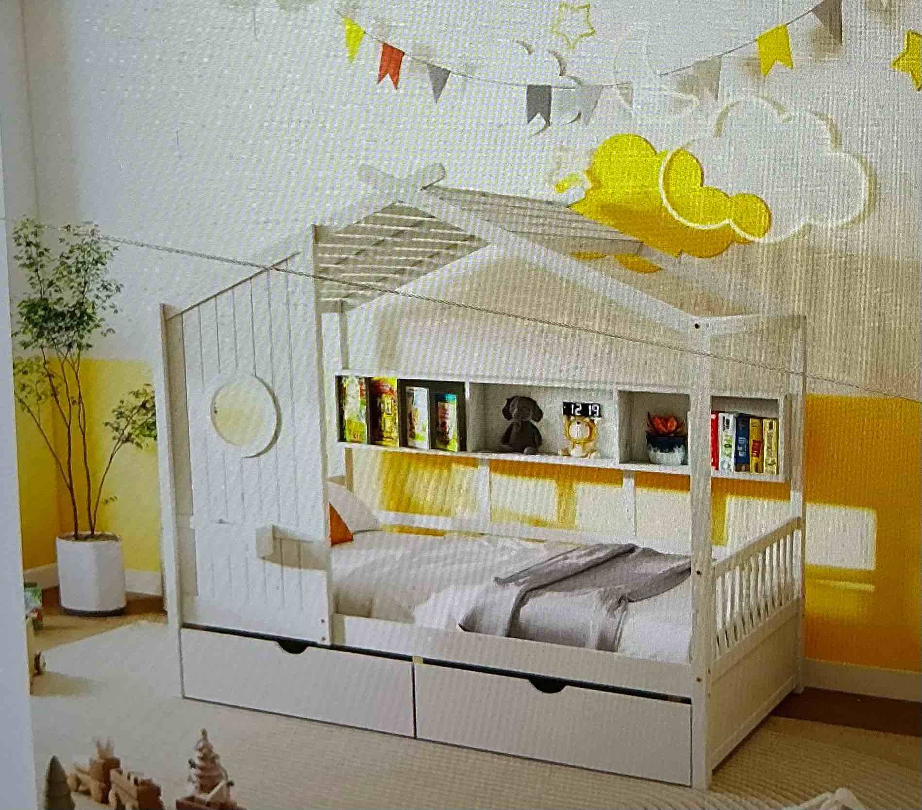 ( incomplete box 1 of 2) A box to pick up. ( color white) Single size home bed with shelves and storage drawers, wooden platform for children with window and ceiling for bedroom, single bed frames for boys and girls, full size 