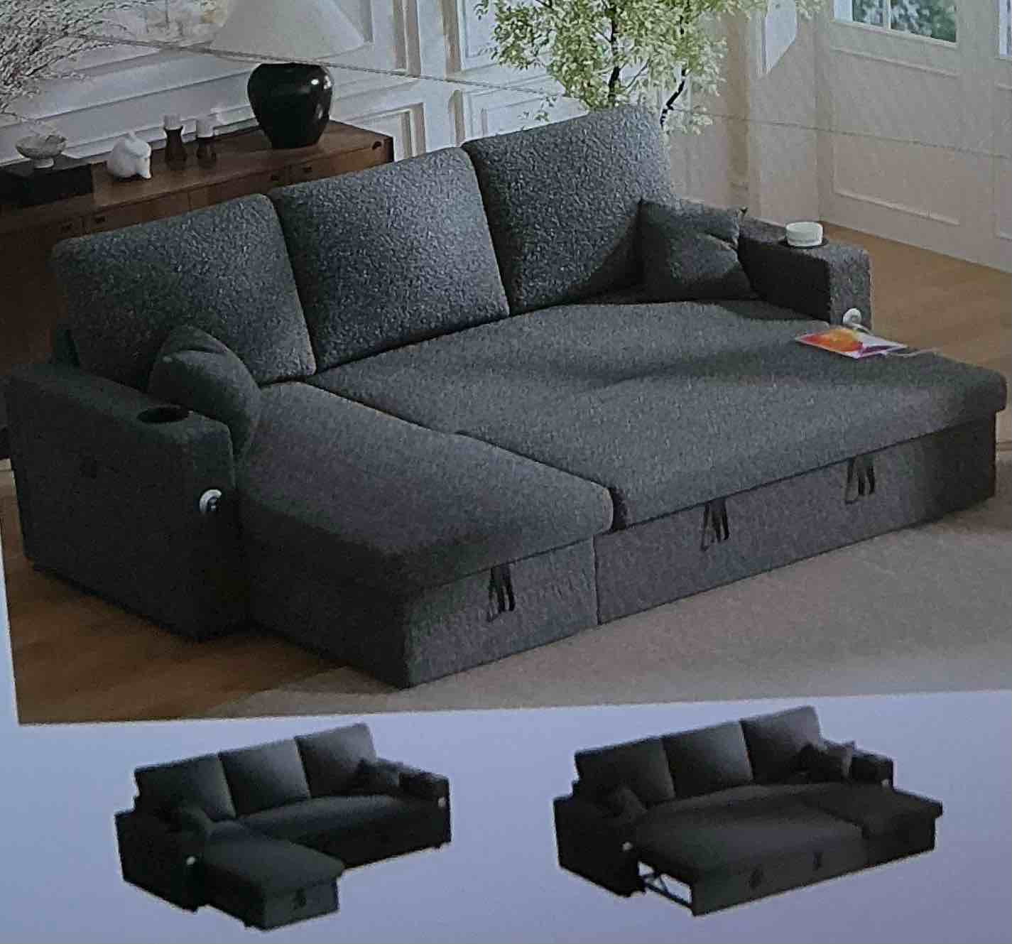 ( incomplete A box to pick up) ( similar) Removable sofa bed 4 in 1 with reversible couch |  Dual USB and type C charging | Double cup holders |  Layered storage (armrest + divan) for living room, apartment, office, A box to pick up
