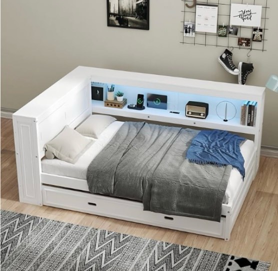 ( similar) ( incomplete) Bellemave Full Size Captains Bed, Wood Full Size Daybed with L-Shaped Bookcase and Trundle, Daybed with Storage Cabinets, White with Trundle( Back up gray color) 