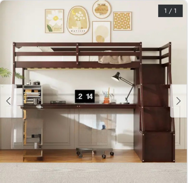 ( similar) ( incomplete) Wooden Full Size Loft Bed with Desk, Multi-functional High Loft Bed w/ Handrail Stairs, 4 Storage Drawers & 2 Shelves, Espresso