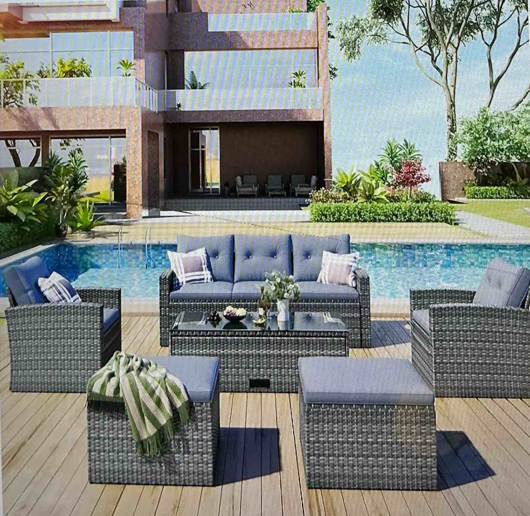 ( incomplete box 3 of 4 ) Outdoor Seating Group with Cushions, 6-Piece Patio Conversation Sofa Set, Outdoor Patio Furniture with Side Table for Garden, Lawn, Poolside