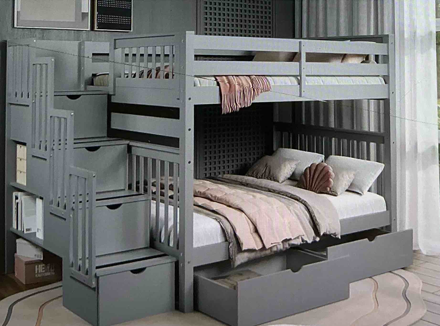 Full size staircase bunk beds on matrimonial with 4 drawers on the steps and 2 drawers under the bed, gray color( incomplete box 2 of 4) 