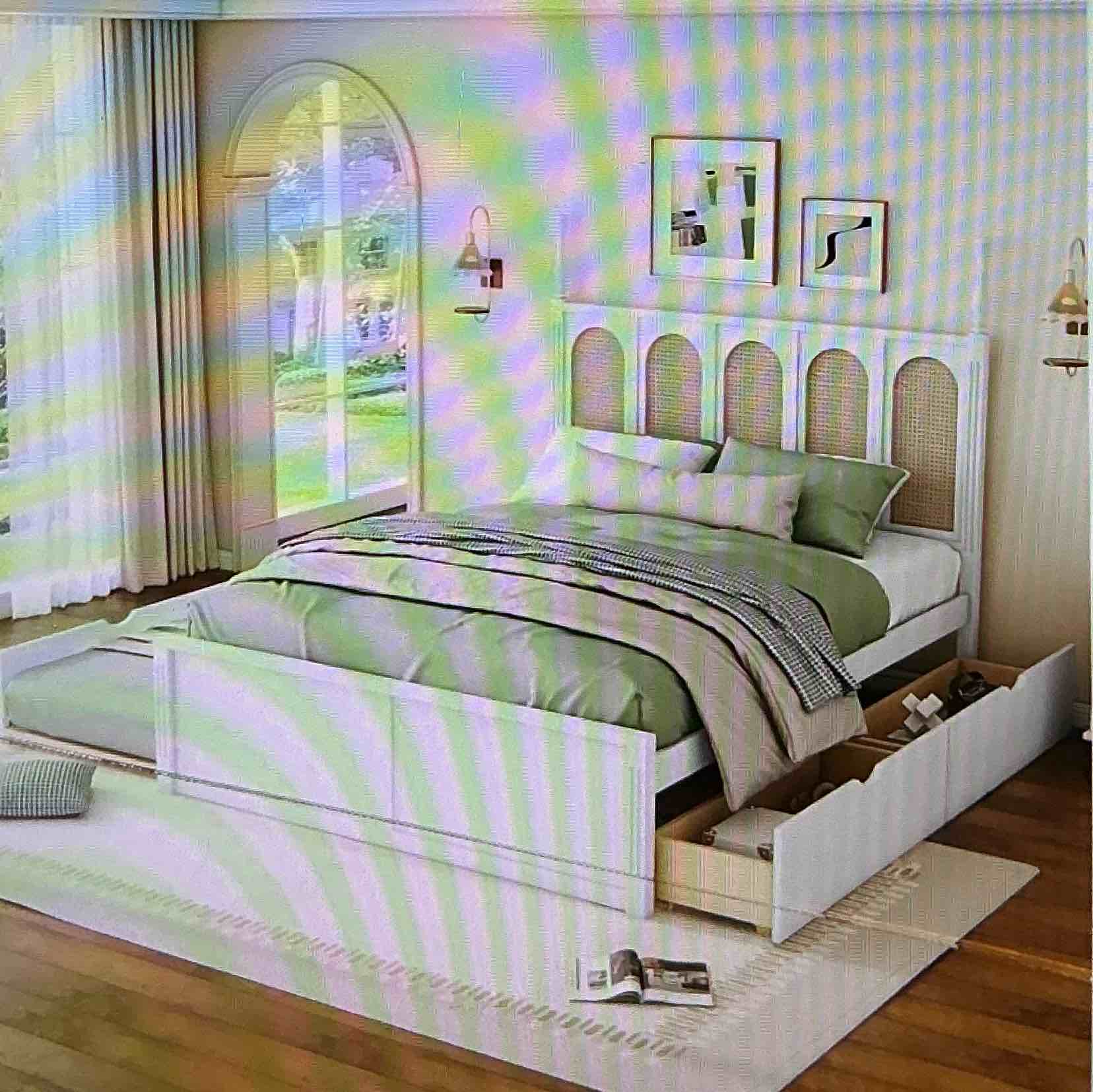 ( incomplete box 1 of 2) Queen size rattan platform bed with single size nest and 2 large drawers, wooden platform bed frame with strong plank support, woven rattan headboard, for children,