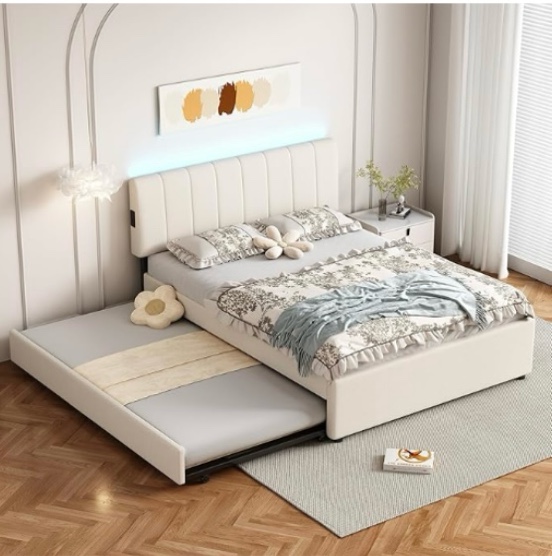 ( incomplete 1 box to pick up) queen bed with 2 drawers and trundle- beige