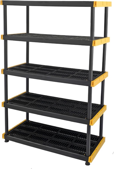 CX Black & Yellow®, 5-Tier Heavy Duty Plastic Storage Shelving Unit, 200lbs/shelf (72”H x 48”W x 20”D), for Indoor/Outdoor Organization, Modular Rack (missing Legs)