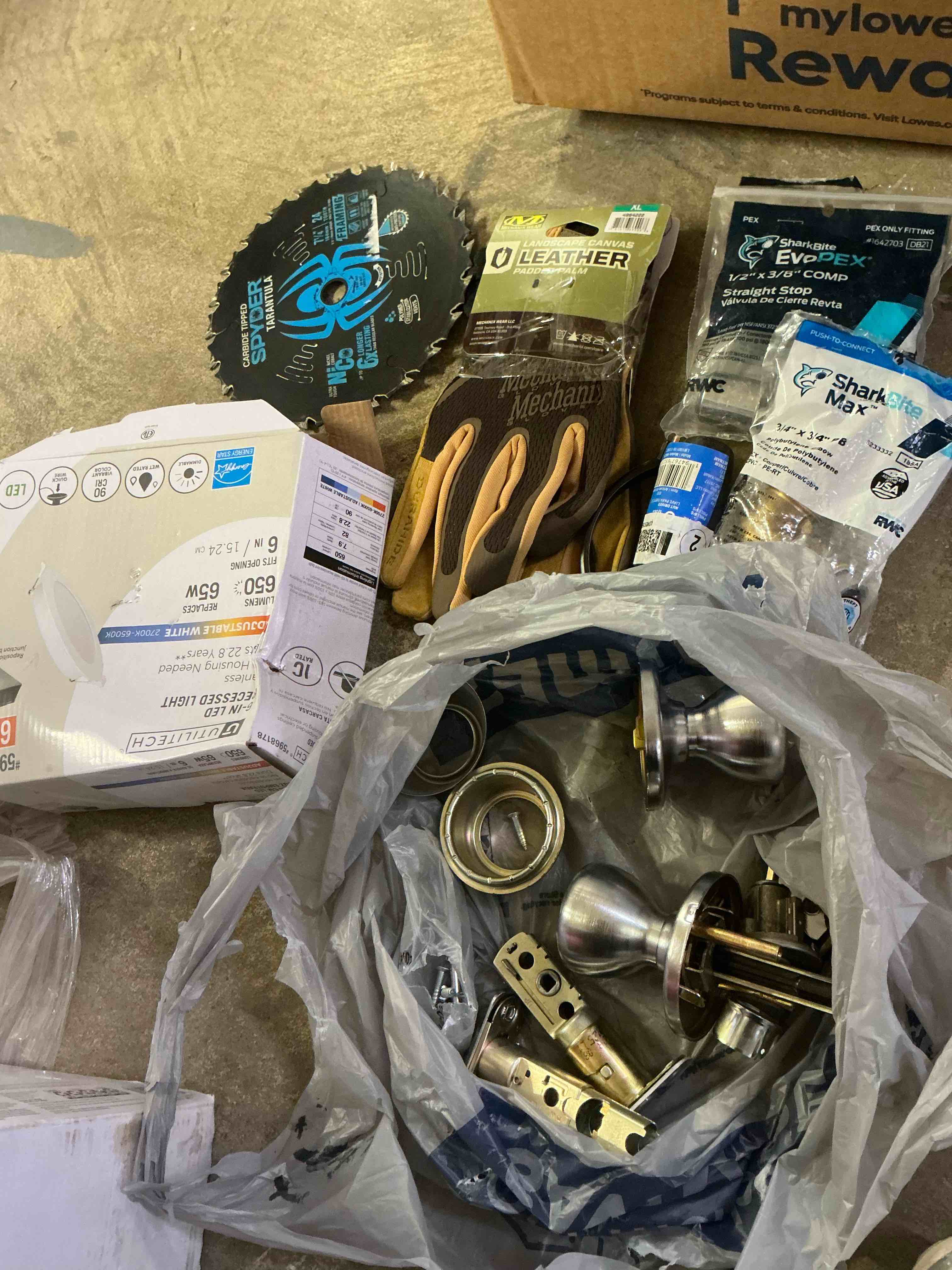 Assorted of nails, a shovel, ceiling fan remote control, Power outlet, a meter in good condition, a pair of gloves, And many more products