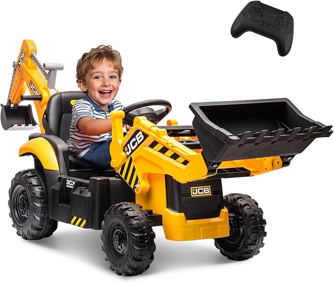 24V JCB Ride on Excavator, Ride on Construction Vehicles, with Remote Control, Bulldozer, Digging Arm, Sand Digger and Backhoe Shovel Bucket, for Kids 4-8,1.8-3.4Mph, Slow Start, No Roof