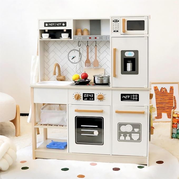 Freniland Wooden Play Kitchen, Kids Kitchen Playset with Real Light & Sound, Realistic Ice Maker,Stove Oven Chef Pretend Toy Kitchen Include 31 Accessories, Gift for Child Ages 3+ Toy Furniture