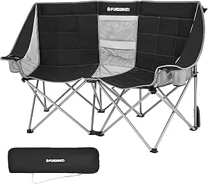 FUNDANGO Loveseat Camping Chairs Adults 2 Person Oversized Double Camping Chair for Outside Picnic Beach Travel, Love Seat Camp Chair, Oversized, Black/Grey