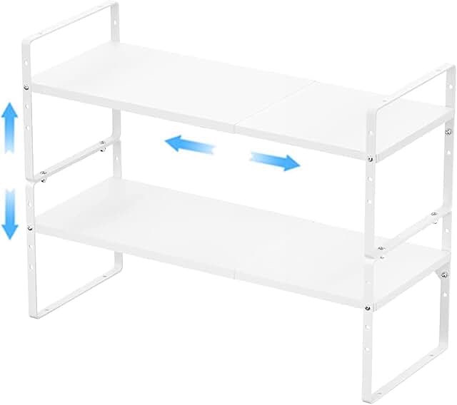 GEDLIRE Expandable Kitchen Cabinet Shelf Organizers 2 Pack, Stackable Metal Pantry Storage Shelves Rack, Adjustable Counter Shelf for Cabinets, Countertop, Cupboard Organizers and Storage, White