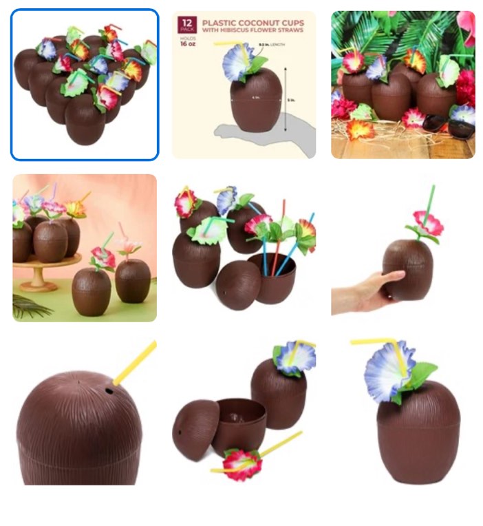 Juvale 12- pack 16 oz plastic coconut cups with straw Hawaiian tropical luau