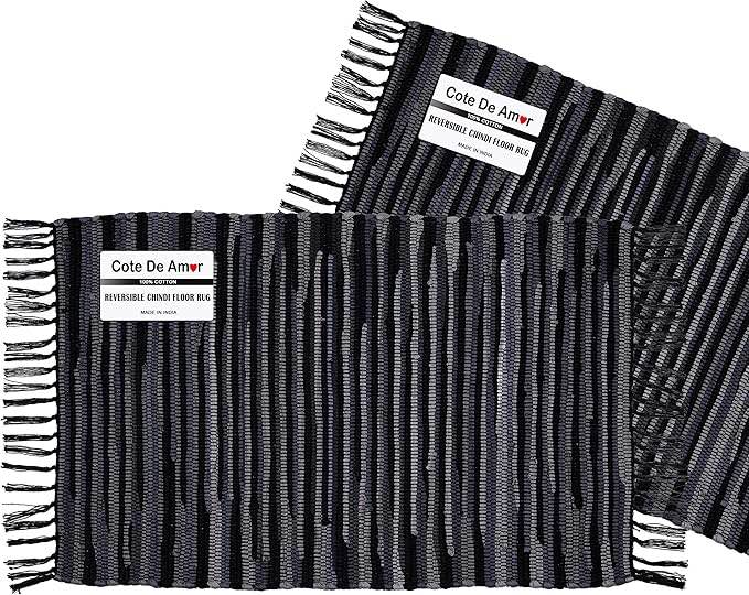 Cote De Amor 2 Pack Reversible Floor Rug 24"x36" (2'x3') Cotton Chindi Rag Rug, Farmhouse Rag Rug for Living Room Bedroom Bathroom Kitchen Nursery Entryway Laundry Room - multi black 