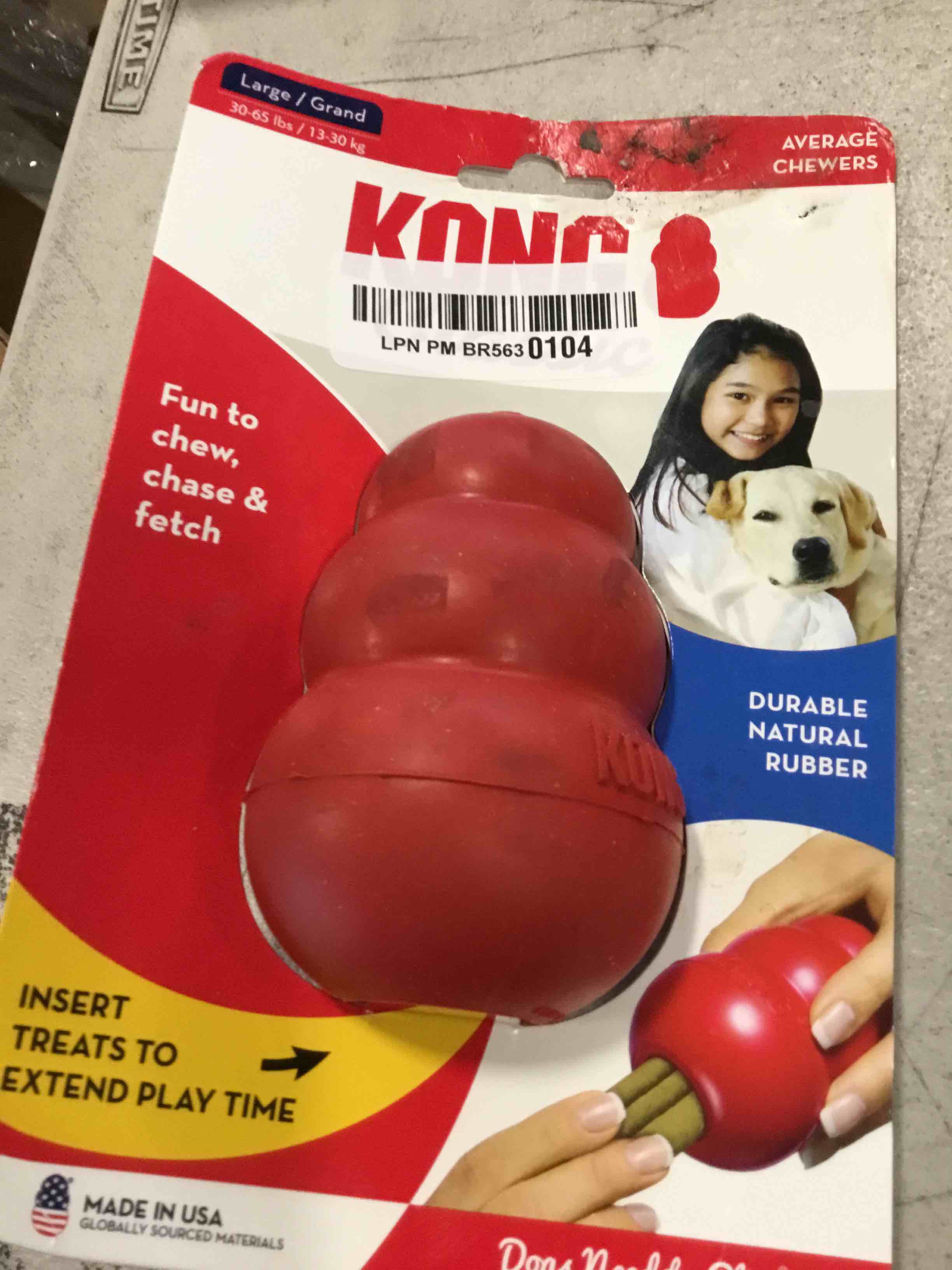 Assorted Kong dog toy includes but not limited to Kong large classic, Kong puppy xsmall, medium Kong tire, medium Kong extreme, Flashlight flying disc, medium Kong bone 