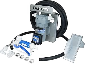 Fill Rite DF012CMN520 Stainless Steel 12V 8GPM DEF Transfer Pump with Manual Nozzle, Suction Hose, Discharge Hose, Tote Bracket, & Power Cord