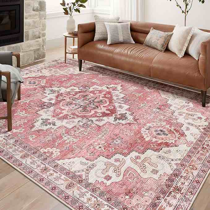 Area Rugs 8x10 Living Room Vintage 8x10 Area Rug Machine Washable Rug Carpet Bohemian Rugs Distressed Area Rug for Living Room Bedroom Indoor Non Slip No Pile Pink