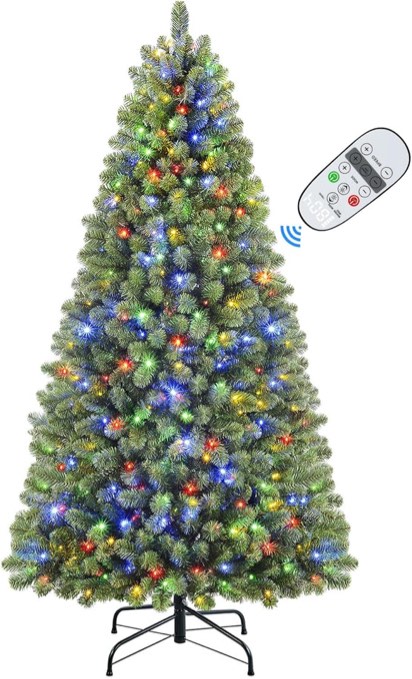  Pasa el mouse encima de la imagen para aplicar zoom                      SHareconn Árbol de Navidad artificial preiluminado de alta calidad con bisagras de 7.5 pies con control remoto, temporizador, 470 luces LED de color blanco cálido y cambio de color, 1264 puntas de