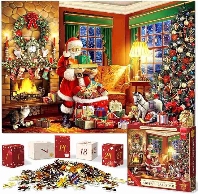 Jigsaw Puzzle Advent Calendar 2023 for Kids and Adults, 24 Days Countdown Calendars Christmas Gifts for Boys Girls,1008 Pieces Christmas Puzzle in 24 Boxes, Santa Claus(27.56 x 19.68 Inch)