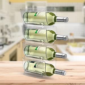 Mind Reader Large Wine Bottle Stackable Kitchen Refrigerator Bin Storage Organizer Rack, 4 Pack, Clear