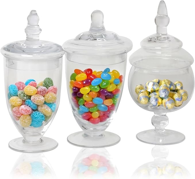 Mantello Candy Jar Apothecary Jars with Lids- for Candies Cookies Or Toiletries Size Assortment, 20 oz., 24 oz. and 28 oz.